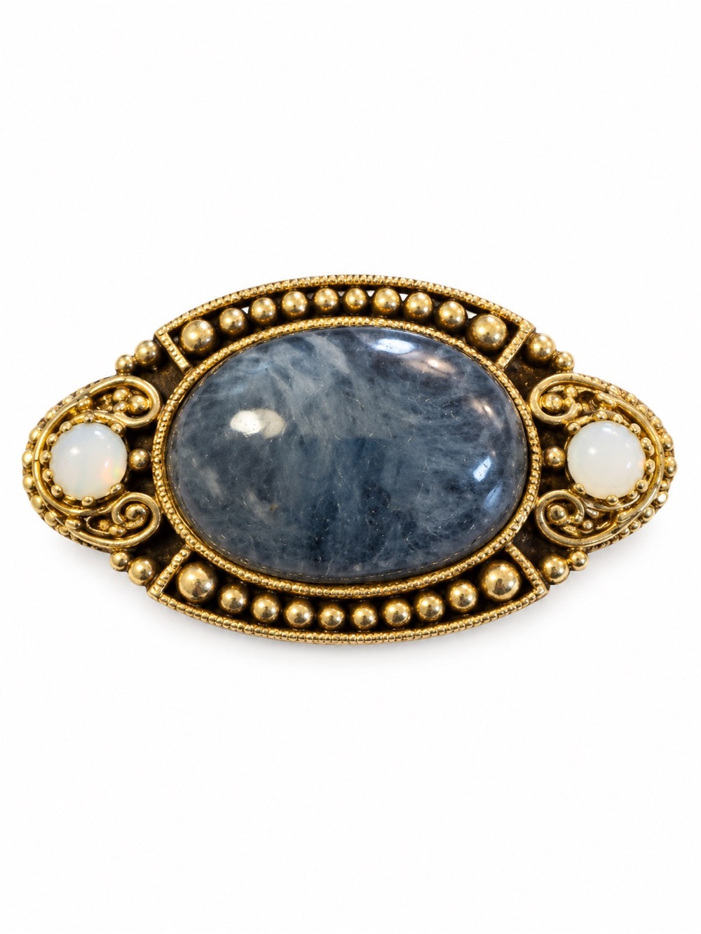 Vintage 1960s Victorian Revival Blue Cabochon Brooch Gold Tone Ornate Oval Pin